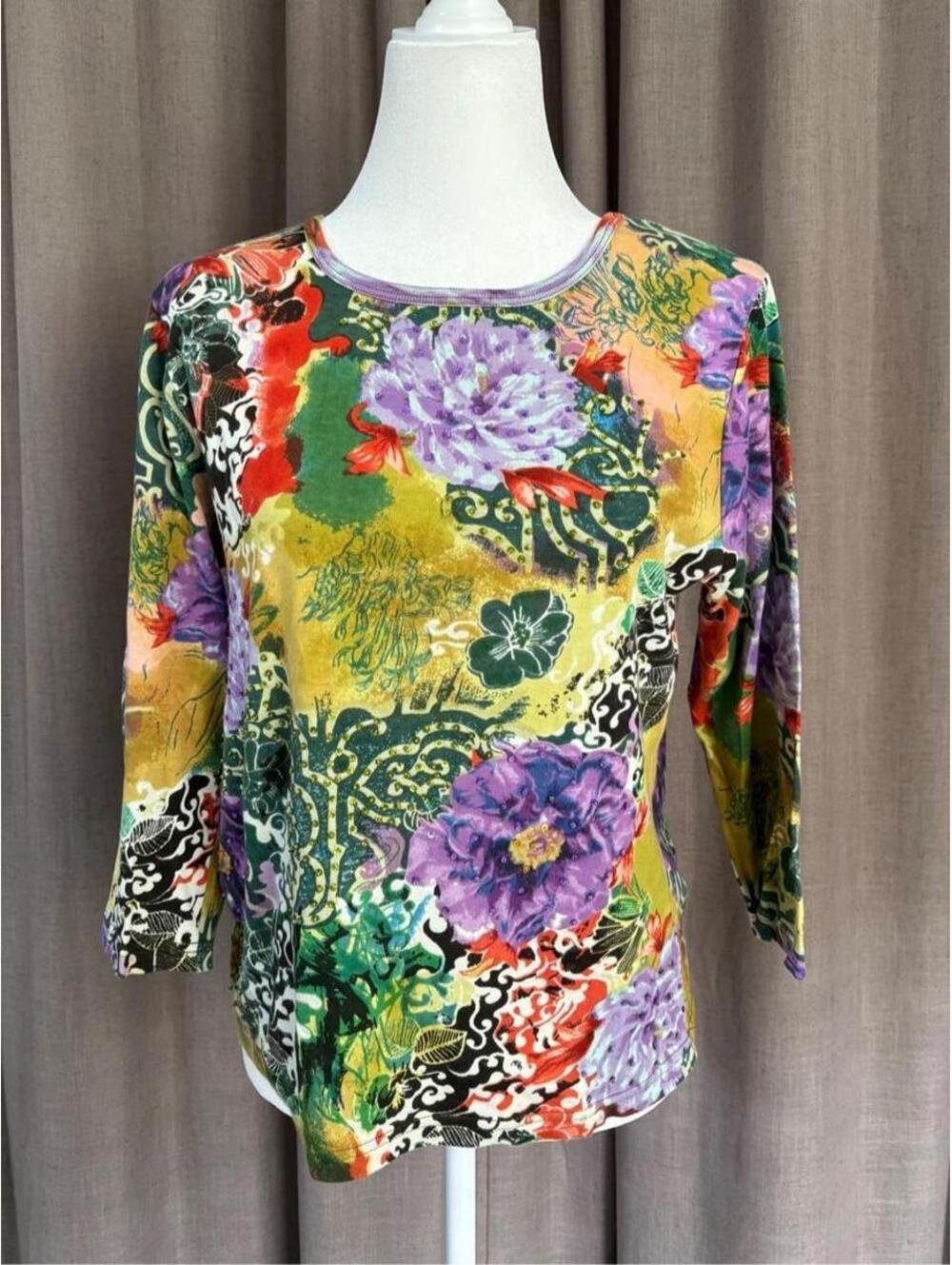 Y2K Raakhee Floral Art Print Beaded Top L 100% Cotton